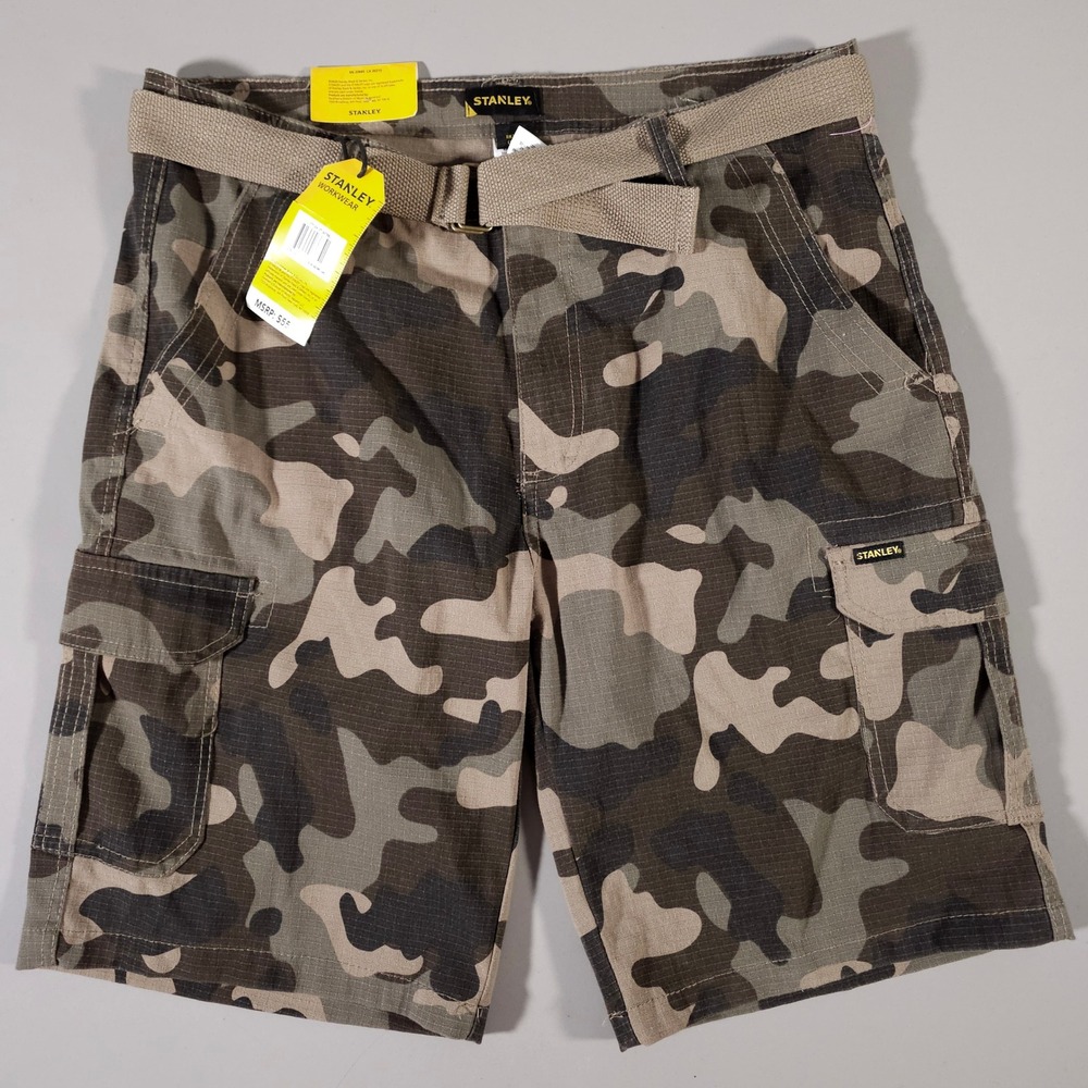 Stanley Cargo Shorts Mens 34 Brown Camo Workwear Ripstop Belted ST16078BJ